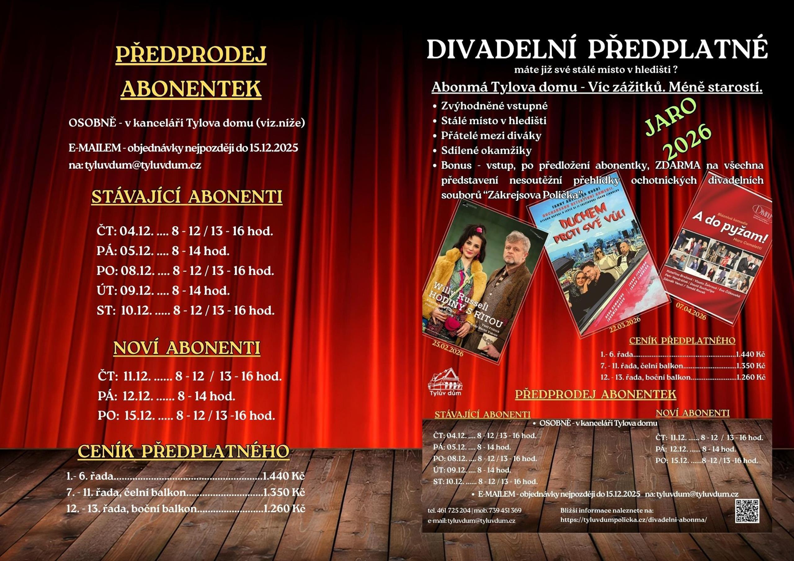 Prodej abonmá na jaro 2026 v Tylově domě
